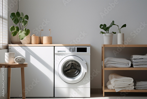 Laundry room, with washing machine and laundry basket Minimalist design. AI Generated Images
