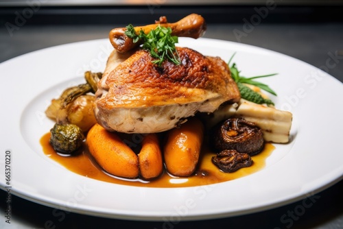 Plated chicken roast dinner on a white plate with carrot and morel mushroom.