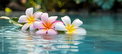Plumeria flowers on green leaf floating on water. A peaceful and serene scene with a touch of nature and beauty.