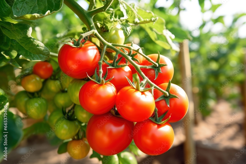 Fresh bunch of red natural tomatoes on a branch in vegetable garden.