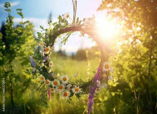 Rustic wildflowers wreath on a sunny meadow. Summer Solstice Day, Midsummer concept. photo