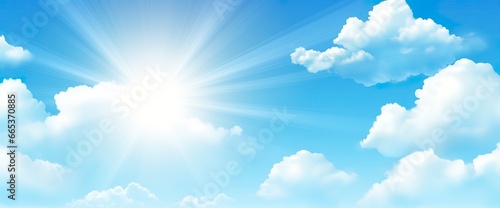 Sunny background, blue sky with white clouds and sun. © MdHafizur