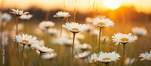 The landscape of white daisy blooms in a field with the focus. © MdHafizur