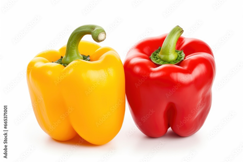 Two bell peppers, a red and a yellow isolated on white background. Two bell peppers, a red and a yellow isolated on white background.
