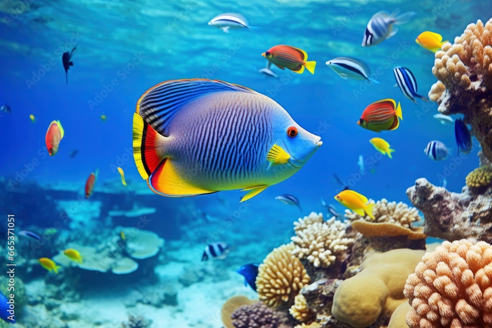 Underwater world with corals and tropical fish.