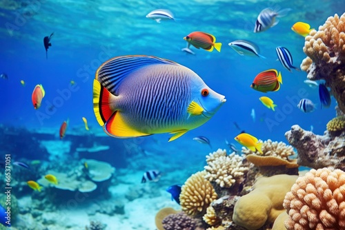 Underwater world with corals and tropical fish. © MdHafizur