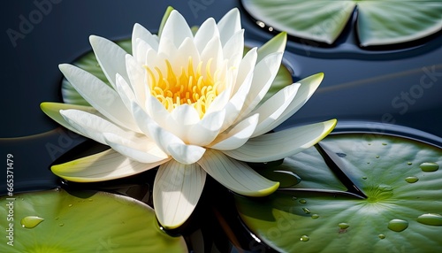 White water lily. White lotus with leaves on dark pond.