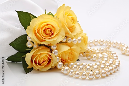 Yellow roses bouquet and pearls,in white background.