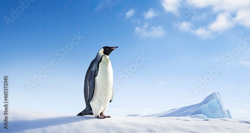 Penguin standing in Antarctica looking into the blue sky.