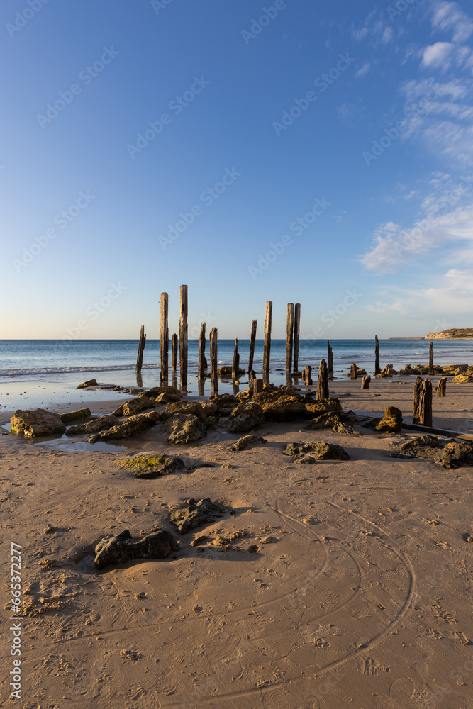 Sunny day view at Port Willunga jetty pylons, South Australia. Sunny day view at Port Willunga jetty pylons, South Australia.