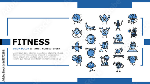 fitness character sport workout landing web page vector. healthy, health exercise, gym training, fit body, activity weight, lifestyle fruit, food fitness character sport workout Illustration