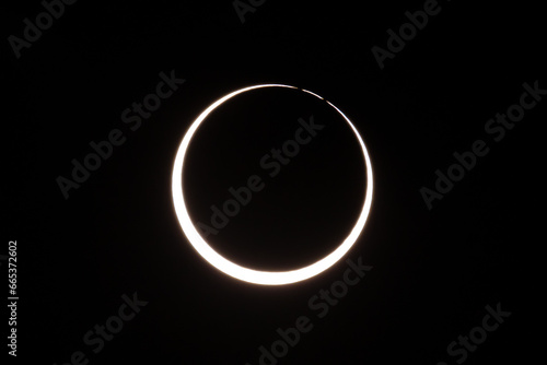 Photograph of an annular solar eclipse that occurred on October 14, 2023. An annular solar eclipse occurs when the Moon's diameter is smaller than the Sun's, blocking most of the Sun's light. 