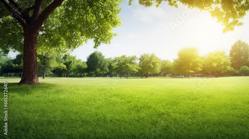Green lawn and trees background with copyspace. Nature background concept. Generative AI © BoszyArtis