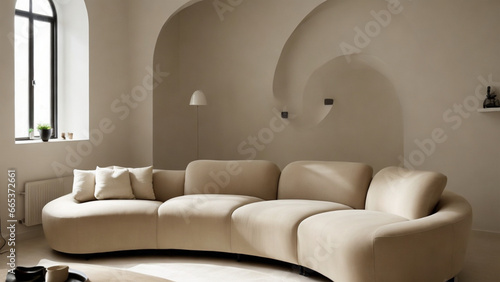 Minimalist Serenity: Curved Sofa by the Arched Window in a Modern Living Room