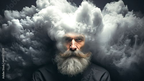 A man with a cloud over his head, a metaphorical representation intended to reflect emotional and psychological stress.