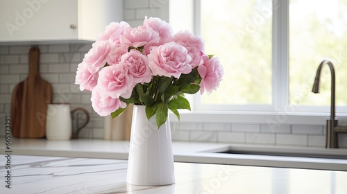 A white vase full of pink flowers is sitting on counter. #665373293