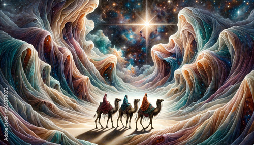 Three Wise Men and Their Camels Follow the Shimmering Star of Bethlehem 