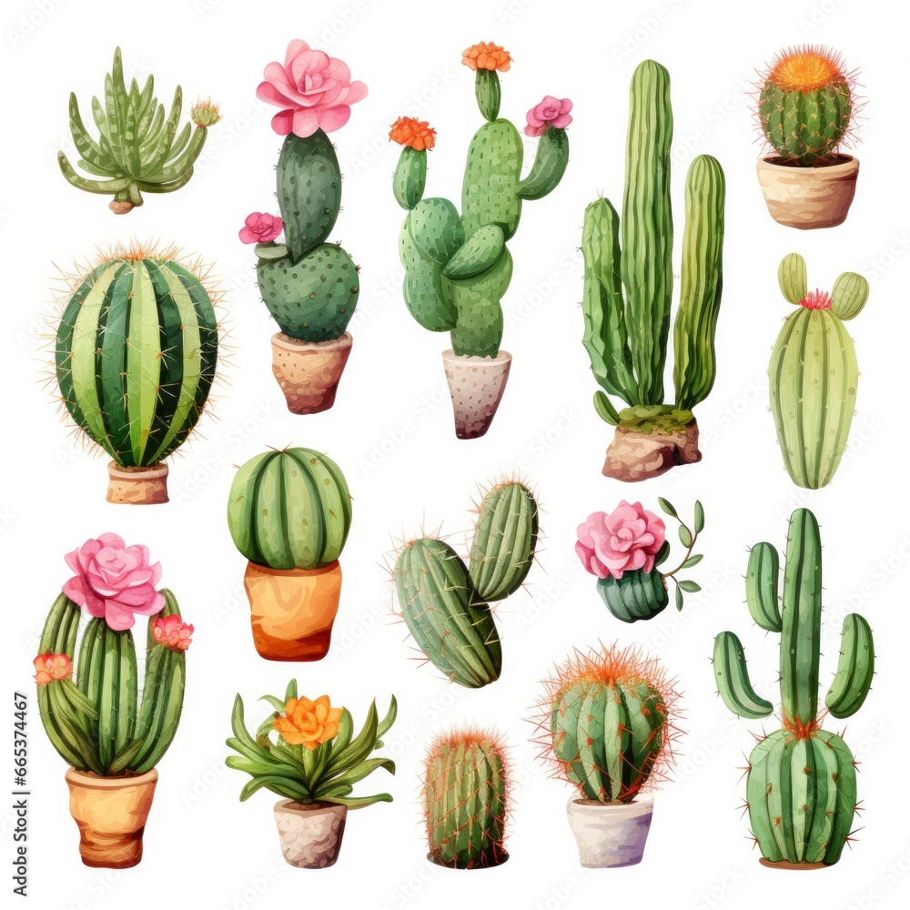 Fototapeta premium The Cactus set on white background. Clipart illustrations.