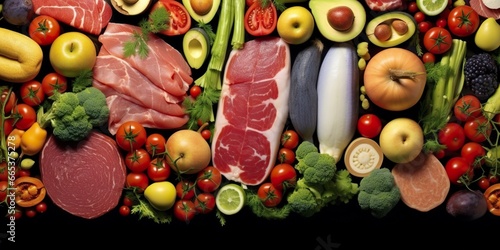 Different types of meats, vegetables, and fruits lay in supermarkets. photo
