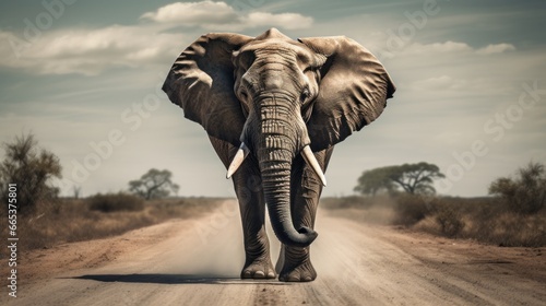 Walking very big Elephant on road. photo