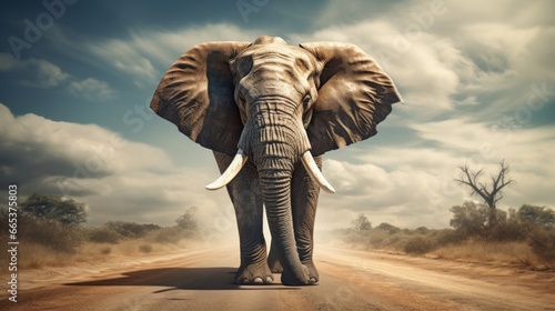 Walking very big Elephant on road. photo
