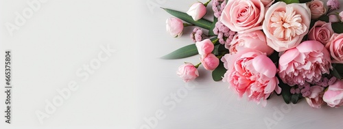 Fresh bunch of pink peonies and roses with copy space. #665375804