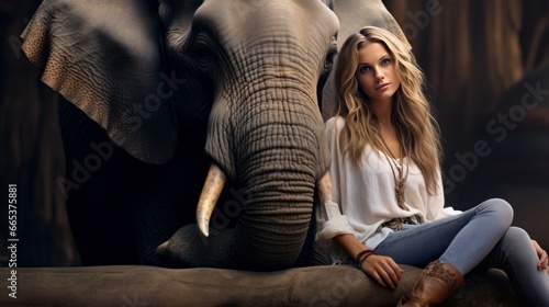 The woman is sitting with her best friend, the elephant. photo