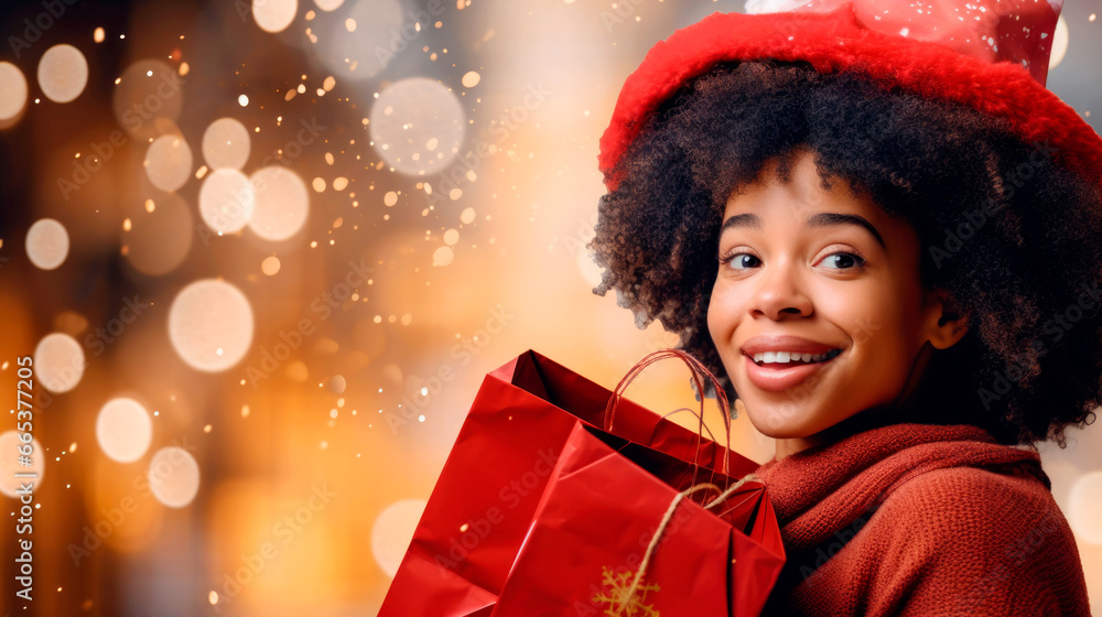 Laughing african american woman with christmas presents after shopping. Ai generated Laughing african american woman with christmas presents after shopping. Ai generated