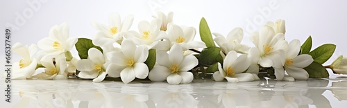 Jasmine flowers on white surface.