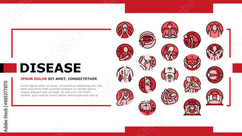 disease health heart landing web page vector. cough pain, fever virus, flu failure, medical stroke, healthcare attack, temperature disease health heart Illustration