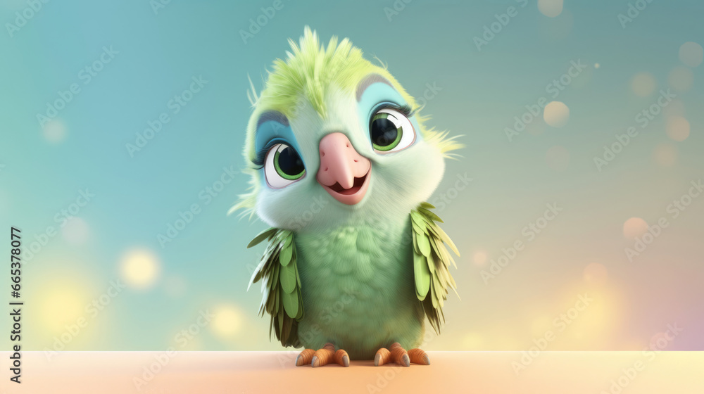 Naklejka premium Realistic 3d render of a happy, furry and cute baby parrot smiling with big eyes looking strainght