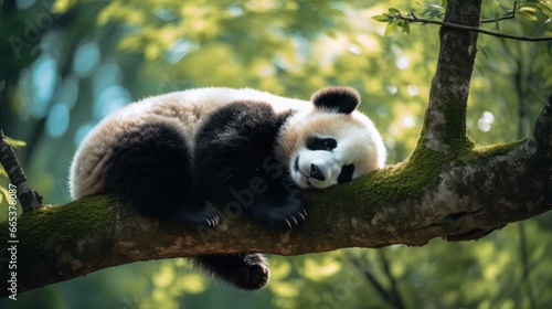 Panda Bear Sleeping on a Tree Branch, Cute Lazy Baby Panda Sleeping in the Forest.