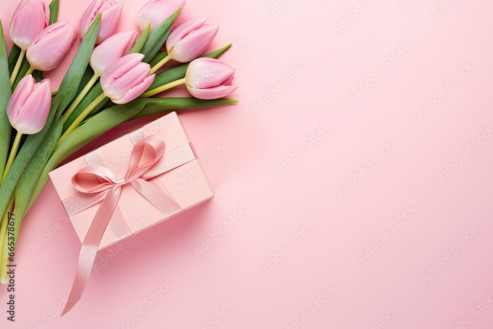 Mother's Day concept. Pink gift box with ribbon bow and a bouquet of tulips. Mother's Day concept. Pink gift box with ribbon bow and a bouquet of tulips.