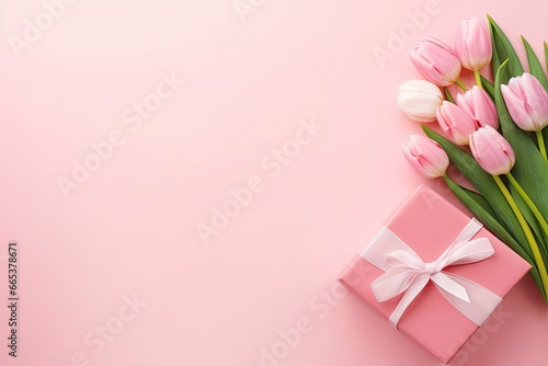 Pink gift box with ribbon bow and bouquet of tulips on isolated pastel pink background. © MdHafizur