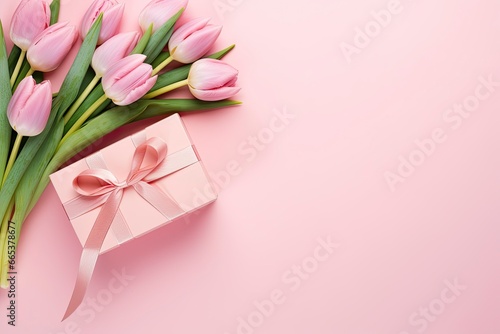 Mother's Day concept. Pink gift box with ribbon bow and a bouquet of tulips. © MdHafizur
