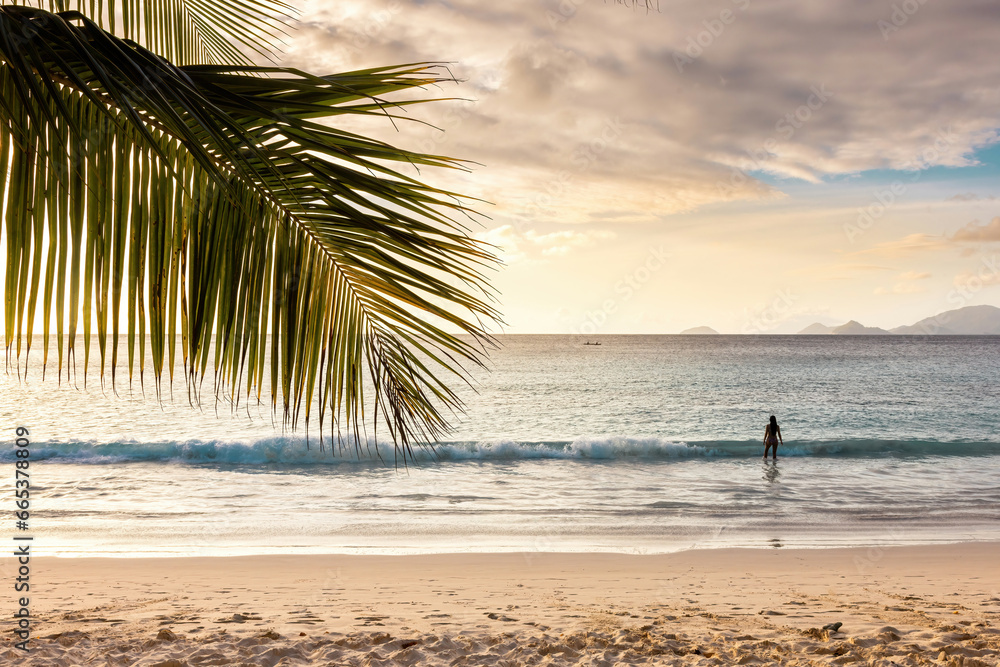 Sunset at Seychelles. Woman Silhouette on the tropical beach with palm, in the sea watching the ocean