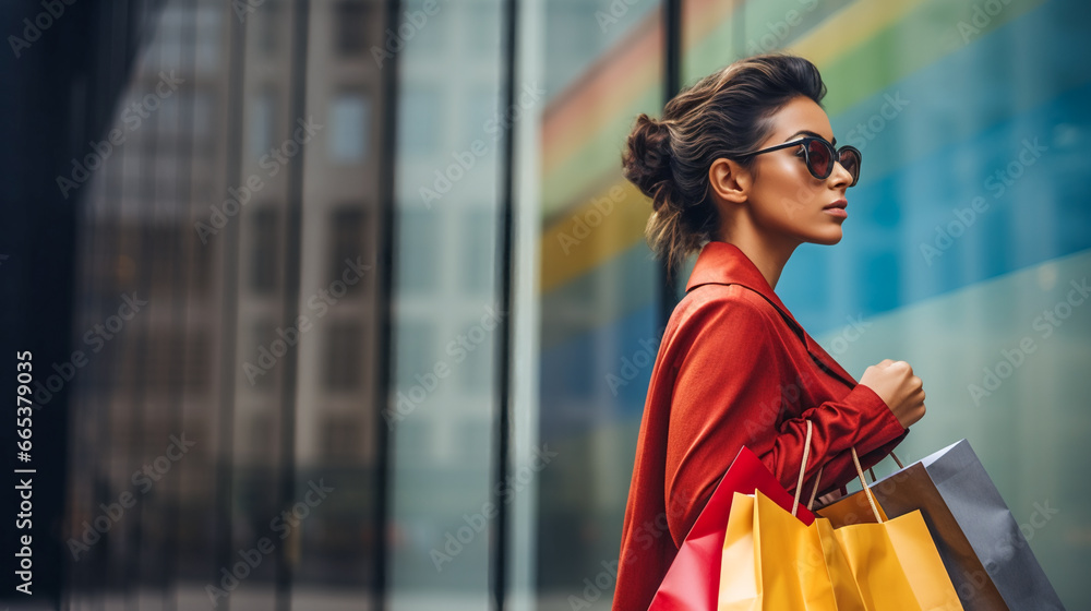 Beautiful female carrying shopping bags.  Beautiful woman with many shopping bags