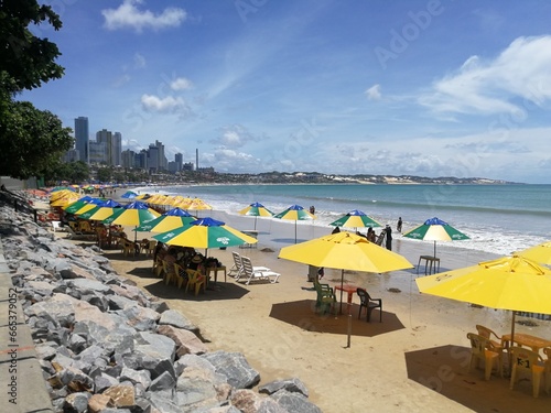 Beach with umbrellas and chairs, Ponta Negra, Natal, Rio Grande do Norte, Brazil photo