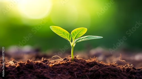 young plant growing on soil.  Fresh Green Plant. AI Generated © EwaStudio