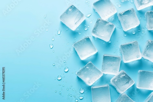 Cubes of ice and drops are isolated on the blue background with empty space.