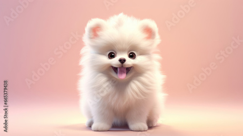 Realistic 3d render of a happy, furry and cute baby Dog smiling with big eyes looking strainght