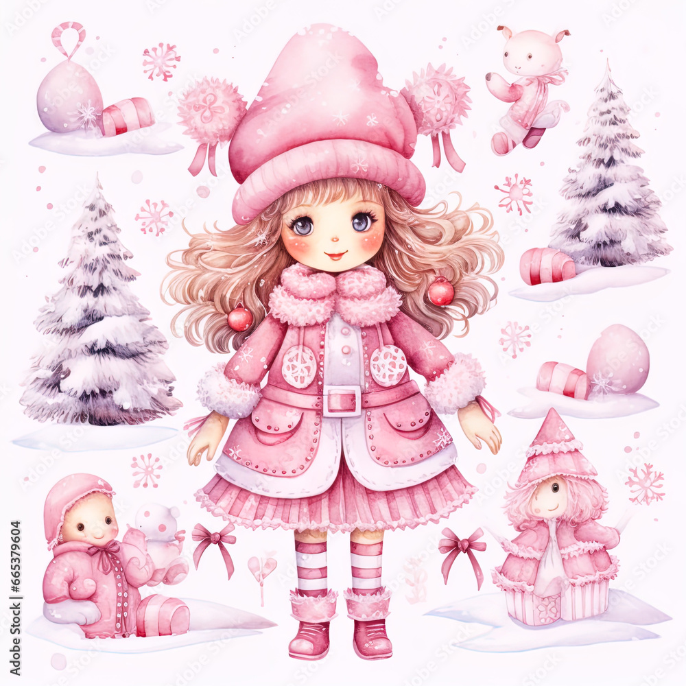 Set of cute dolls, Christmas style, generative ai
