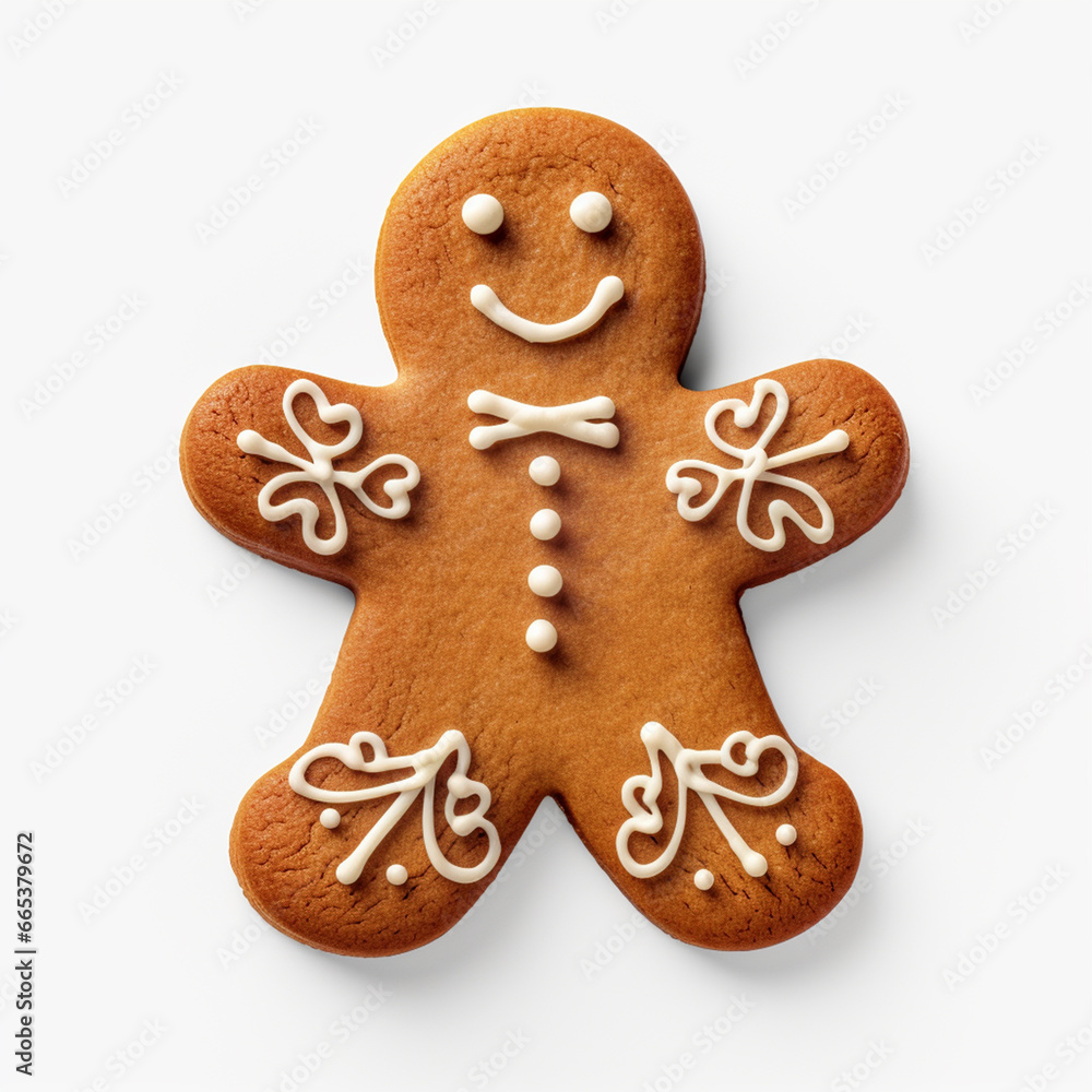 Gingerbread man shaped cookie on isolated white background - ai generative