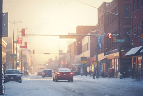 defocused view of American town street at snowy winter morning. Neural network generated image. Not based on any actual scene. © lucky pics