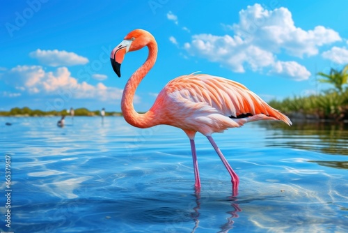 Pink Flamingo in the water.