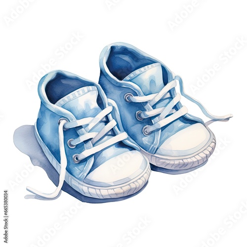 Watercolor newborn small shoes isolated white background.