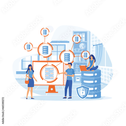 Administration and support of systems, networks and infrastructure at offices. flat vector modern illustration 