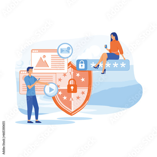 Data protection concept.Safety and confidential data protection, concept with characters. Internet security. Social Media. flat vector modern illustration  © Alwie99d