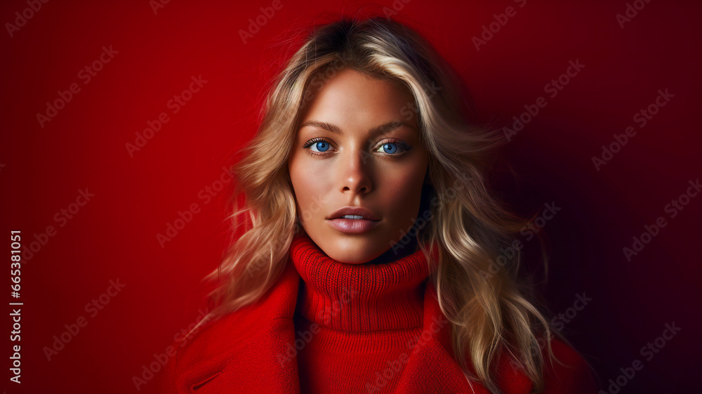 Blonde Woman with Blue Eyes on Red Blonde Woman with Blue Eyes on Red