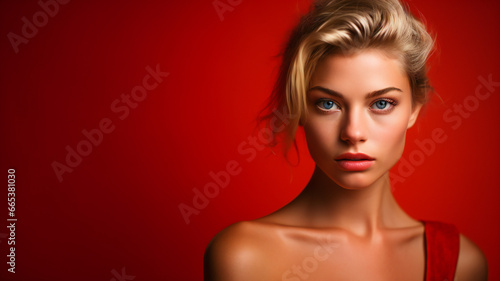 Blonde Woman with Blue Eyes on Red